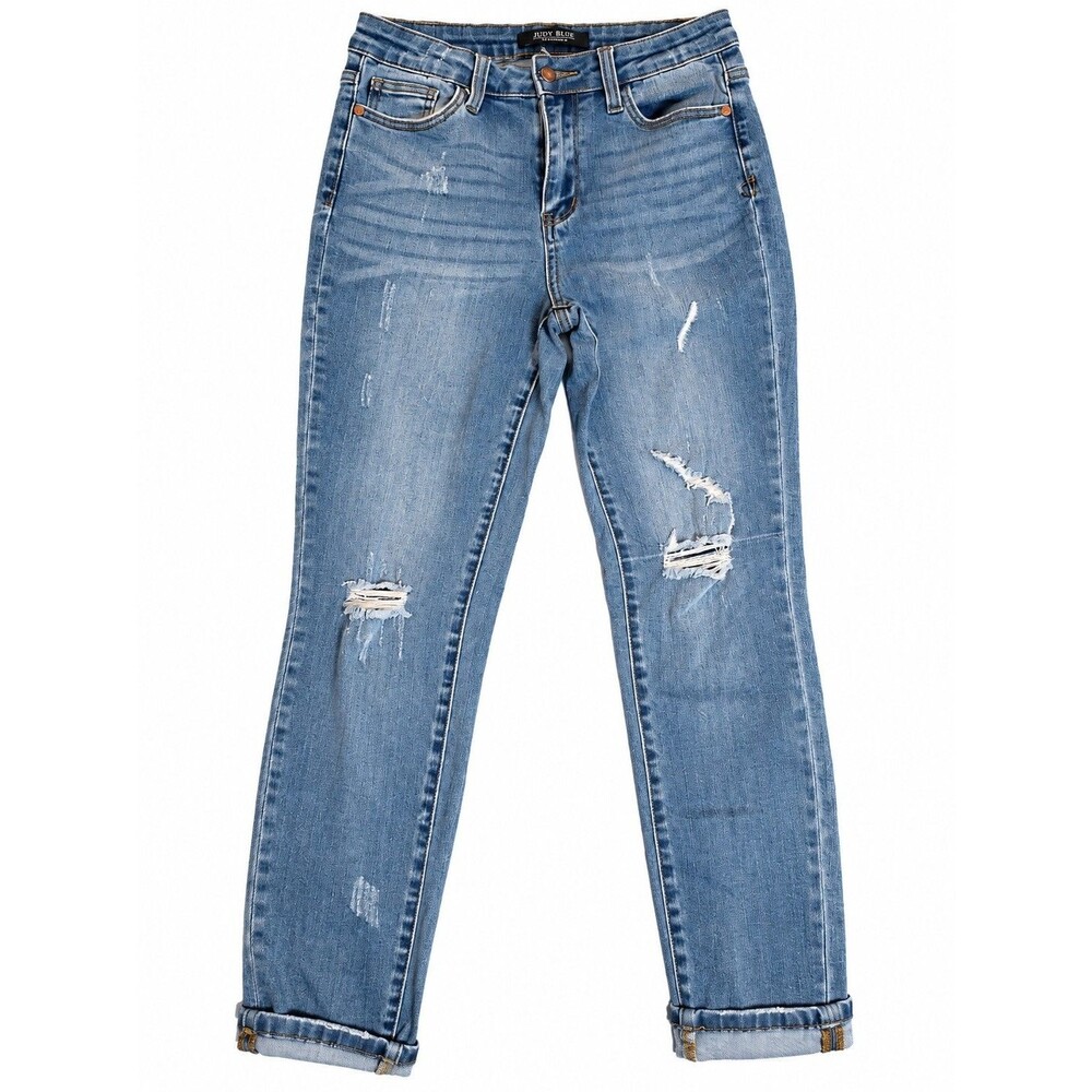 Relaxed Fit Distressed Boyfriend Jeans Size 29 Medium Wash Cuffed Denim
